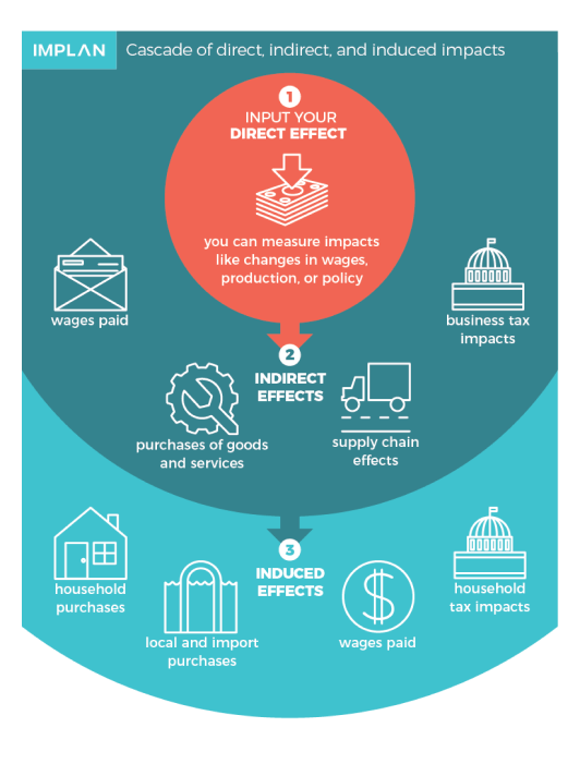 Economic impact analysis overview, outlining inputs and the resulting outputs in an EIA, consisting of direct, indirect, and induced effects.