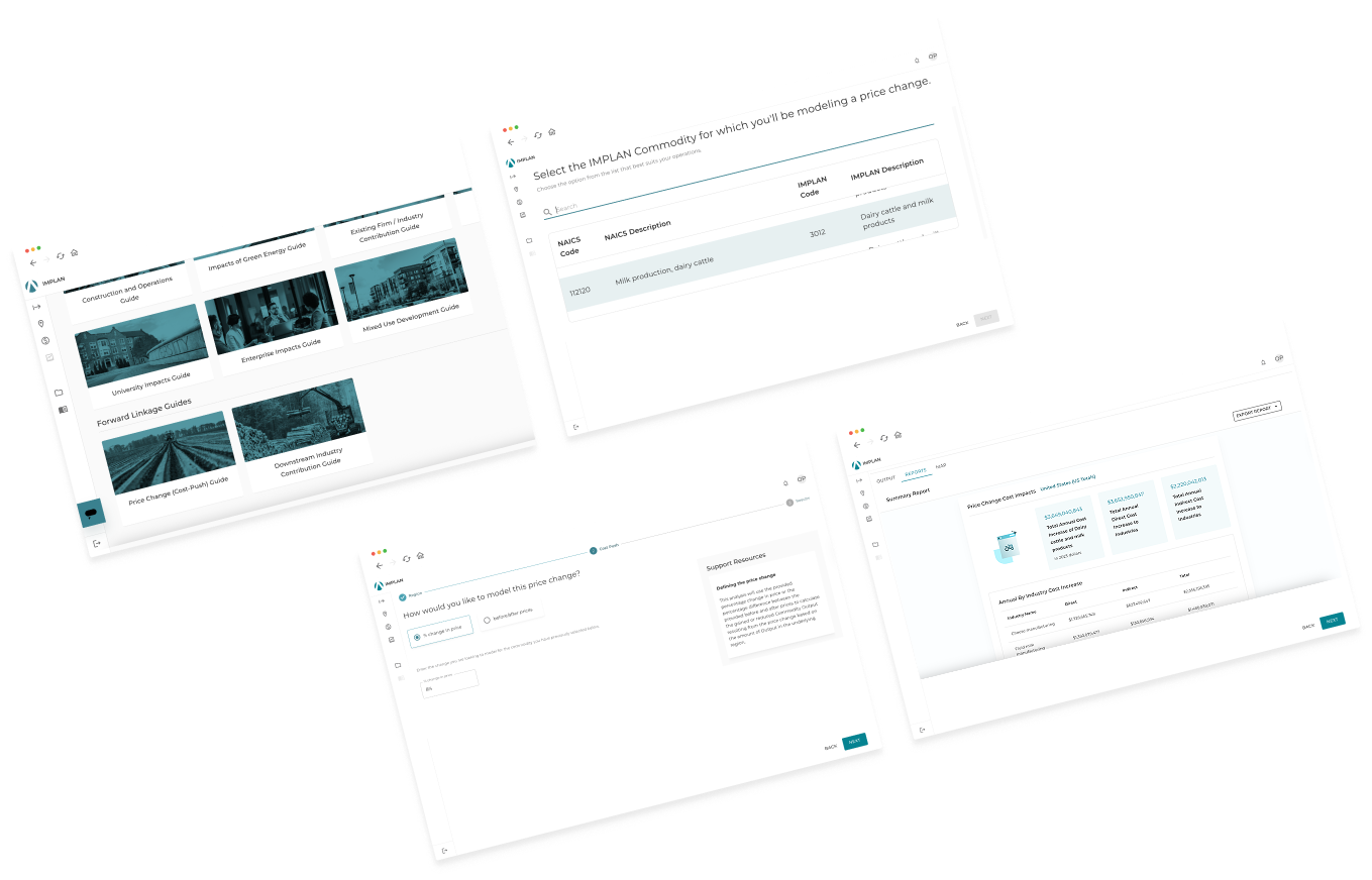 IMPLAN impacts summary with guide selection, outputs, and event creation windows.