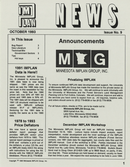 IMPLAN Newsletter Issue No. 9 (Oct. 1993)